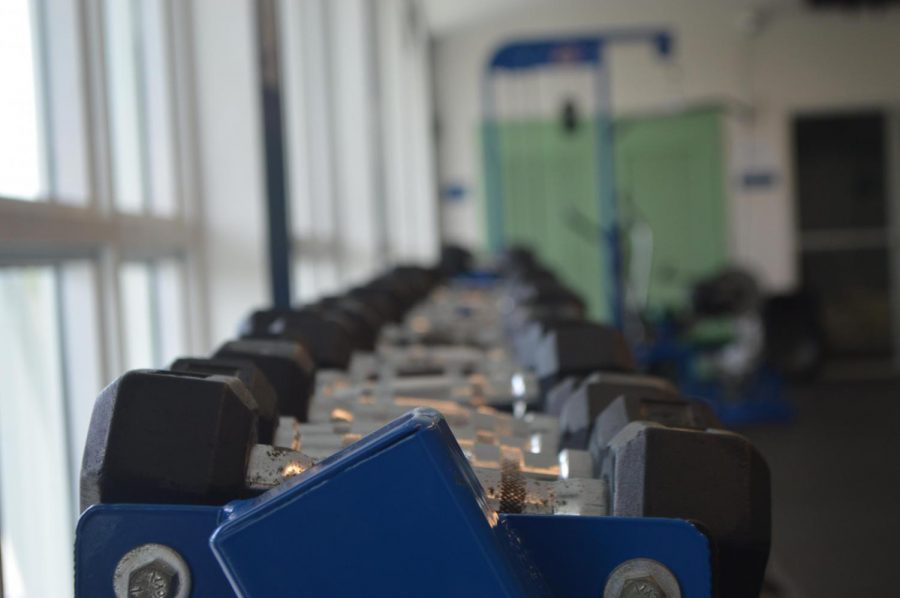 Weights sit untouched in the school weight room as student athletes find alternatives at home. 
