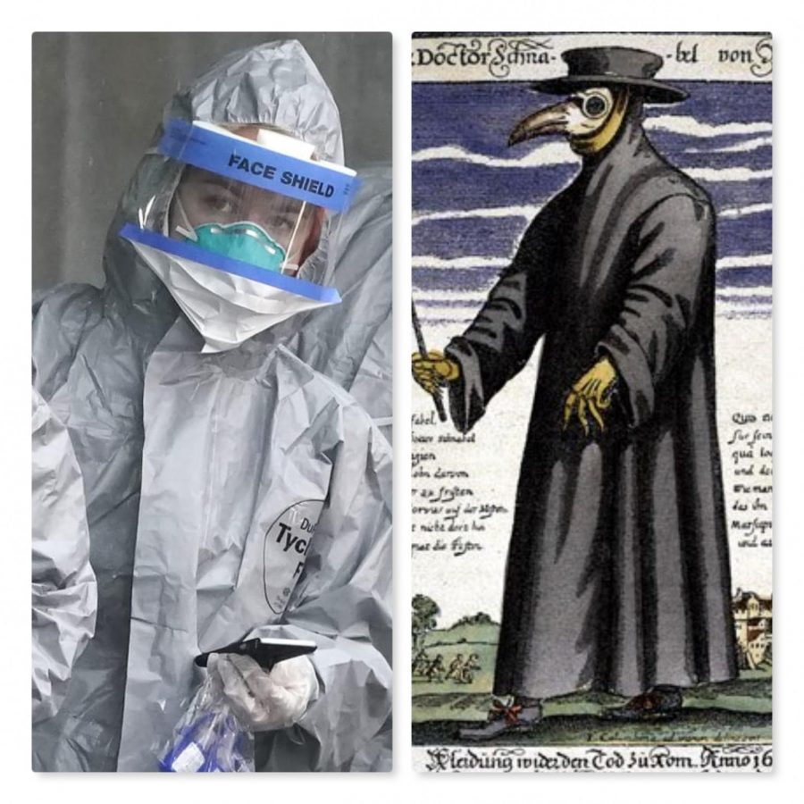 What has changed? For one, major leaps in protective gear when compared with the Doctors during the Black Death. 
(courtesy of The Daily Beast and WordPress.com)