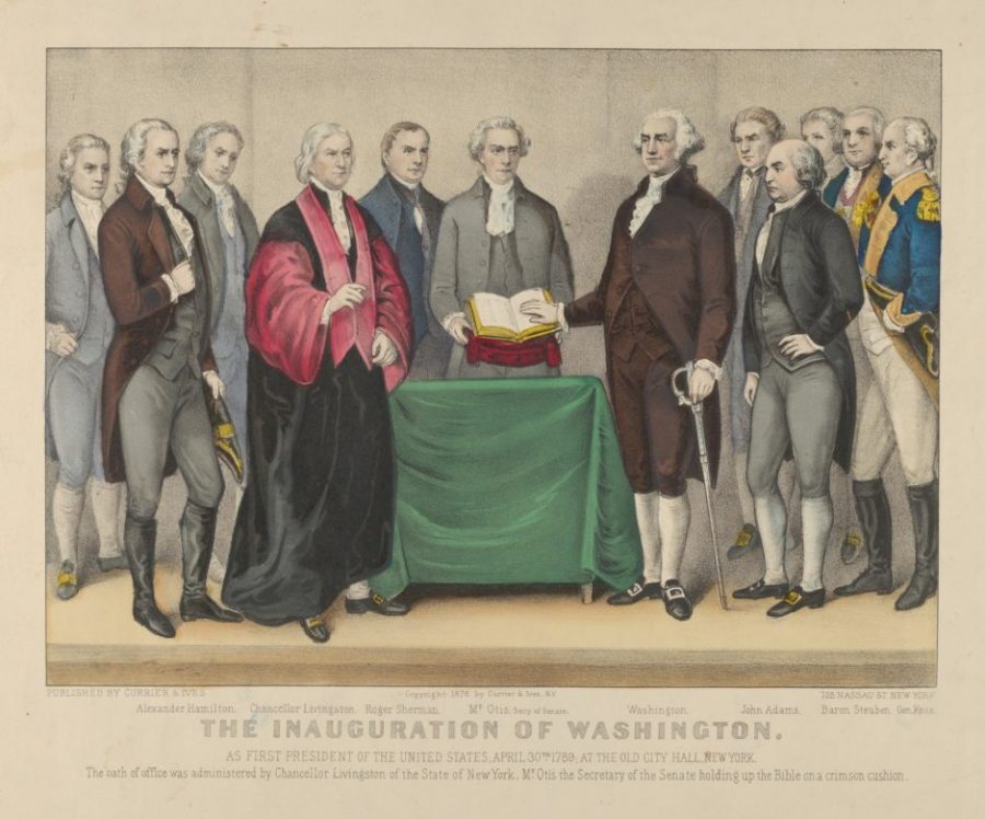 Courtesy of The Metropolitan Museum of Art, Bequest of Adele S. Colgate, 1962. This image depicts the nations first president, George Washington, being sworn into office. 